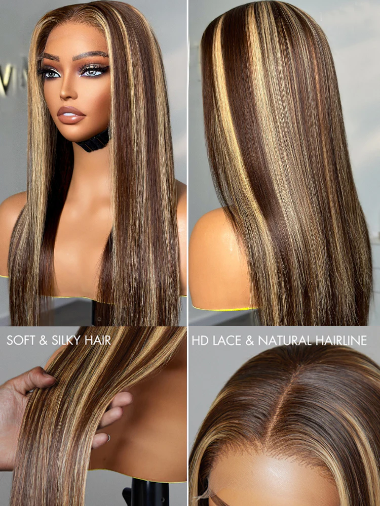 28 Inch = $199 | Dorsanee Honey Blonde Brown Highlight 13x4 Lace Front Bone Straight Virgin Human Hair Wigs - Image 6
