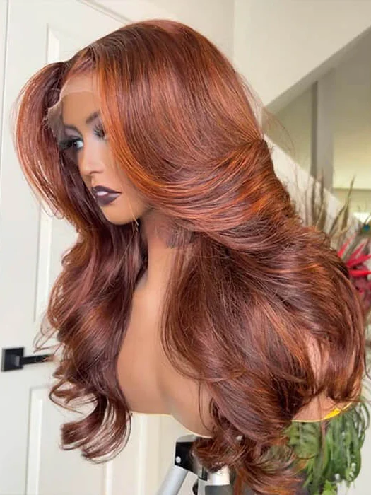Dorsanee Curtain Bangs Reddish Brown #33 Body Wave 13x4 HD Lace Front Human Hair Wig - Image 3