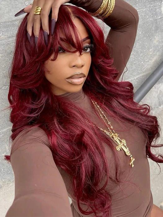 Dorsanee 99J Burgundy Curtain Bangs Body Wave Wigs 13x4/13x6 HD Lace Frontal Wigs Human Hair - Image 6