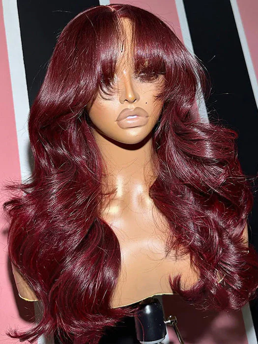 Dorsanee 99J Burgundy Curtain Bangs Body Wave Wigs 13x4/13x6 HD Lace Frontal Wigs Human Hair - Image 7