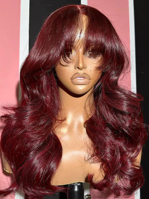 Dorsanee 99J Burgundy Curtain Bangs Body Wave Wigs 13x4/13x6 HD Lace Frontal Wigs Human Hair - Image 8