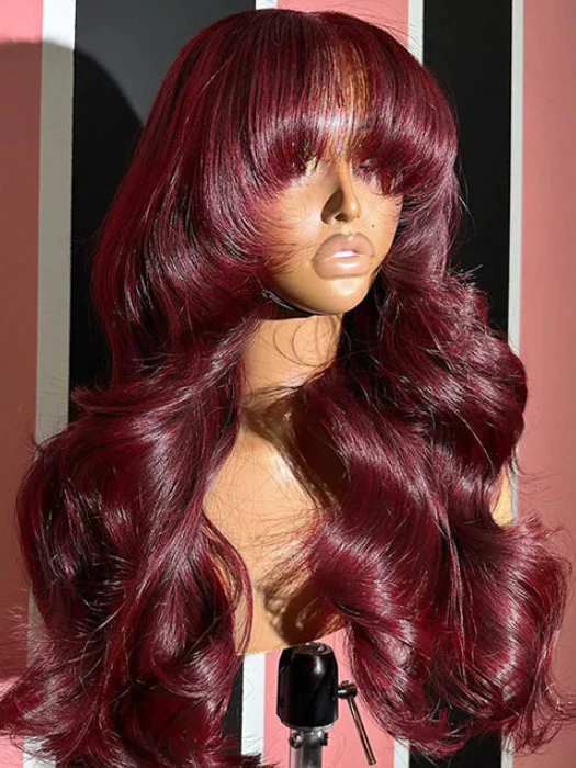 Dorsanee 99J Burgundy Curtain Bangs Body Wave Wigs 13x4/13x6 HD Lace Frontal Wigs Human Hair - Image 9