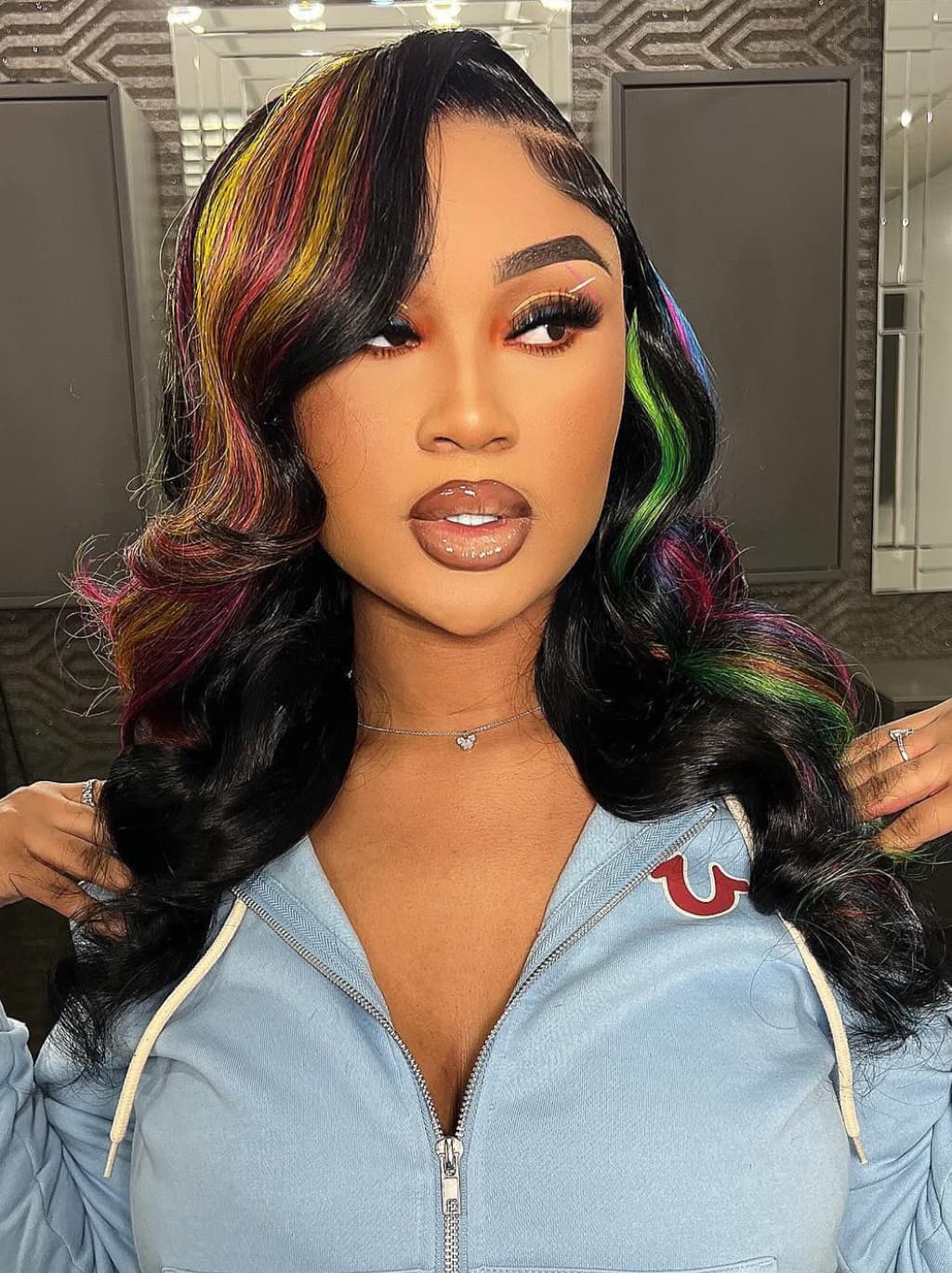 Dorsanee Black With Red Yellow Green Blue Highlights 13x4 Lace Front Human Hair Wigs - Image 2