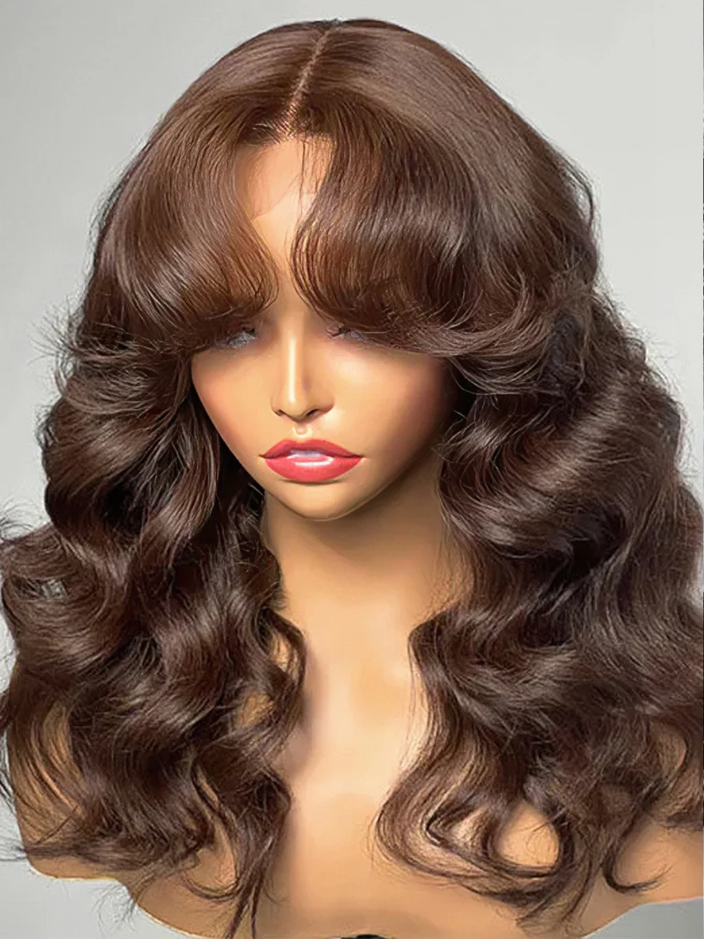Dorsanee Curtain Bangs Chocolate Brown Glueless 13x4 HD Lace Front Body Wave Wig - Image 6