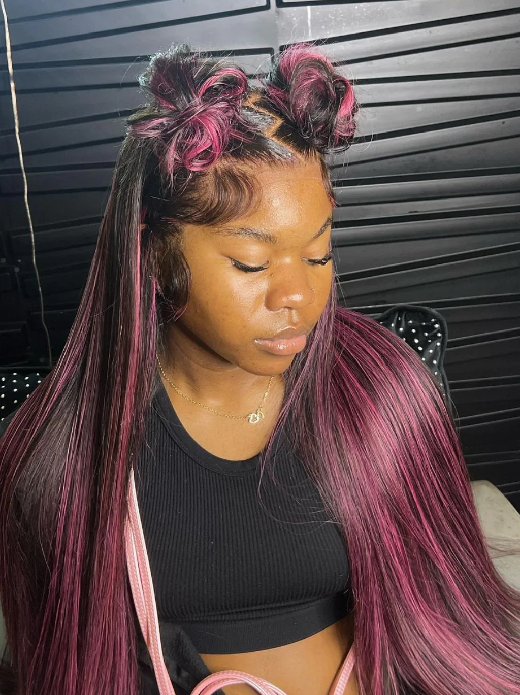 Dorsanee 13x4 Lace Front Black Straight Human Hair Weave Wig With Purple Highlights - Image 2
