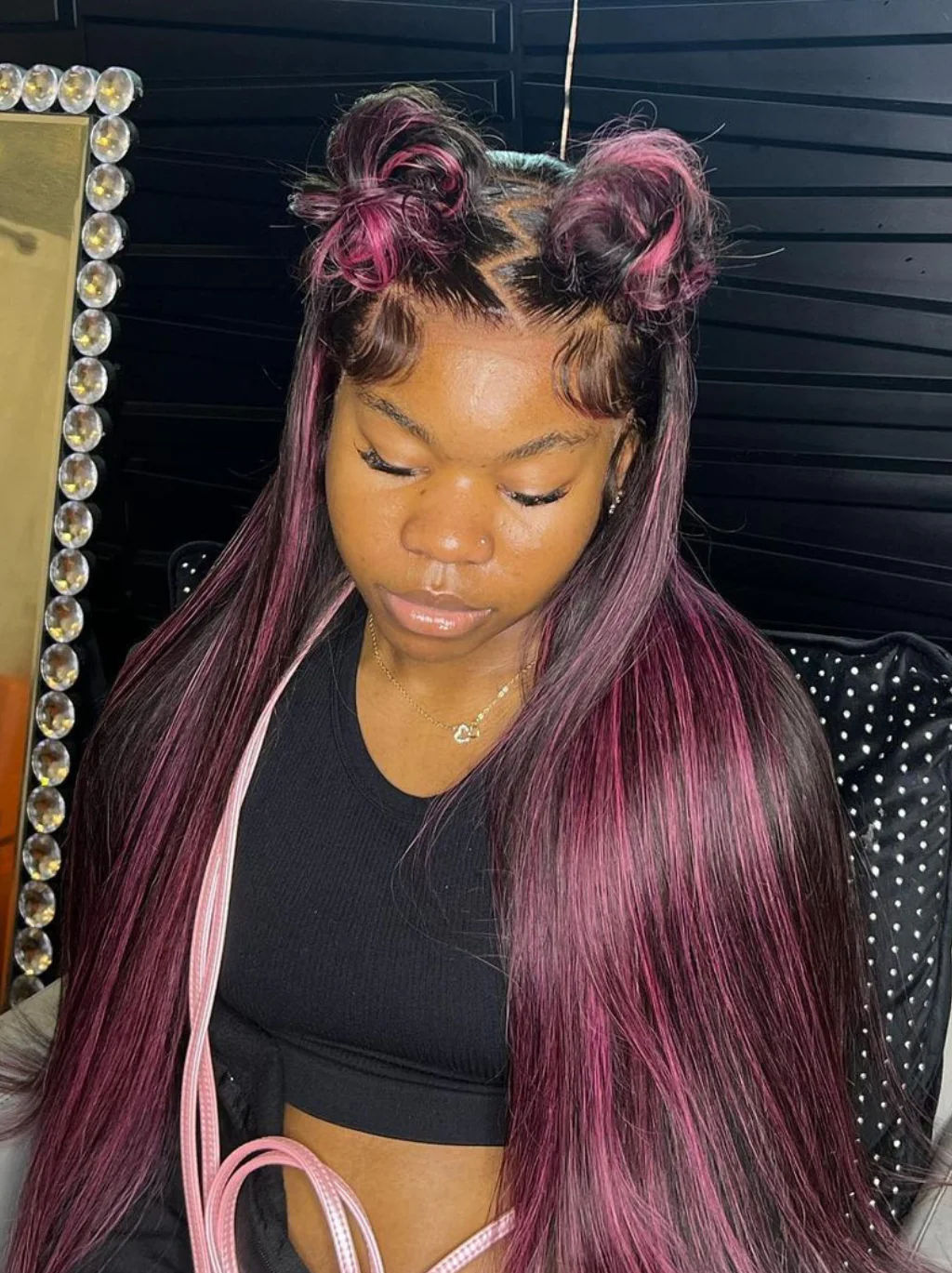 Dorsanee 13x4 Lace Front Black Straight Human Hair Weave Wig With Purple Highlights - Image 3