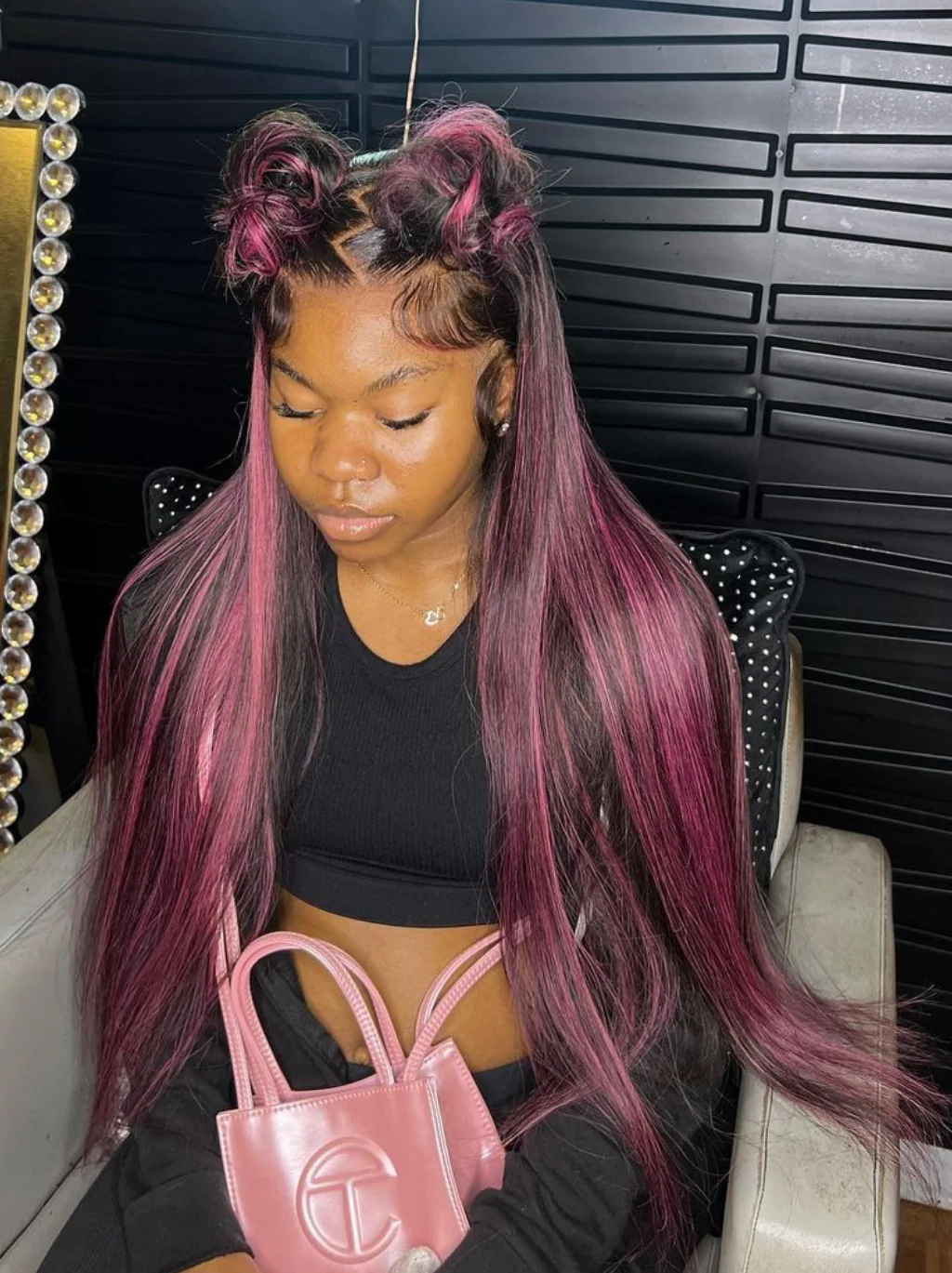 Dorsanee 13x4 Lace Front Black Straight Human Hair Weave Wig With Purple Highlights - Image 5