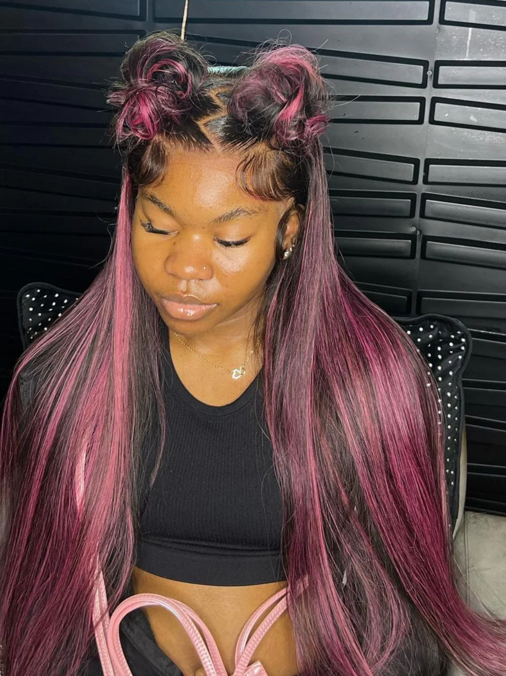 Dorsanee 13x4 Lace Front Black Straight Human Hair Weave Wig With Purple Highlights - Image 6