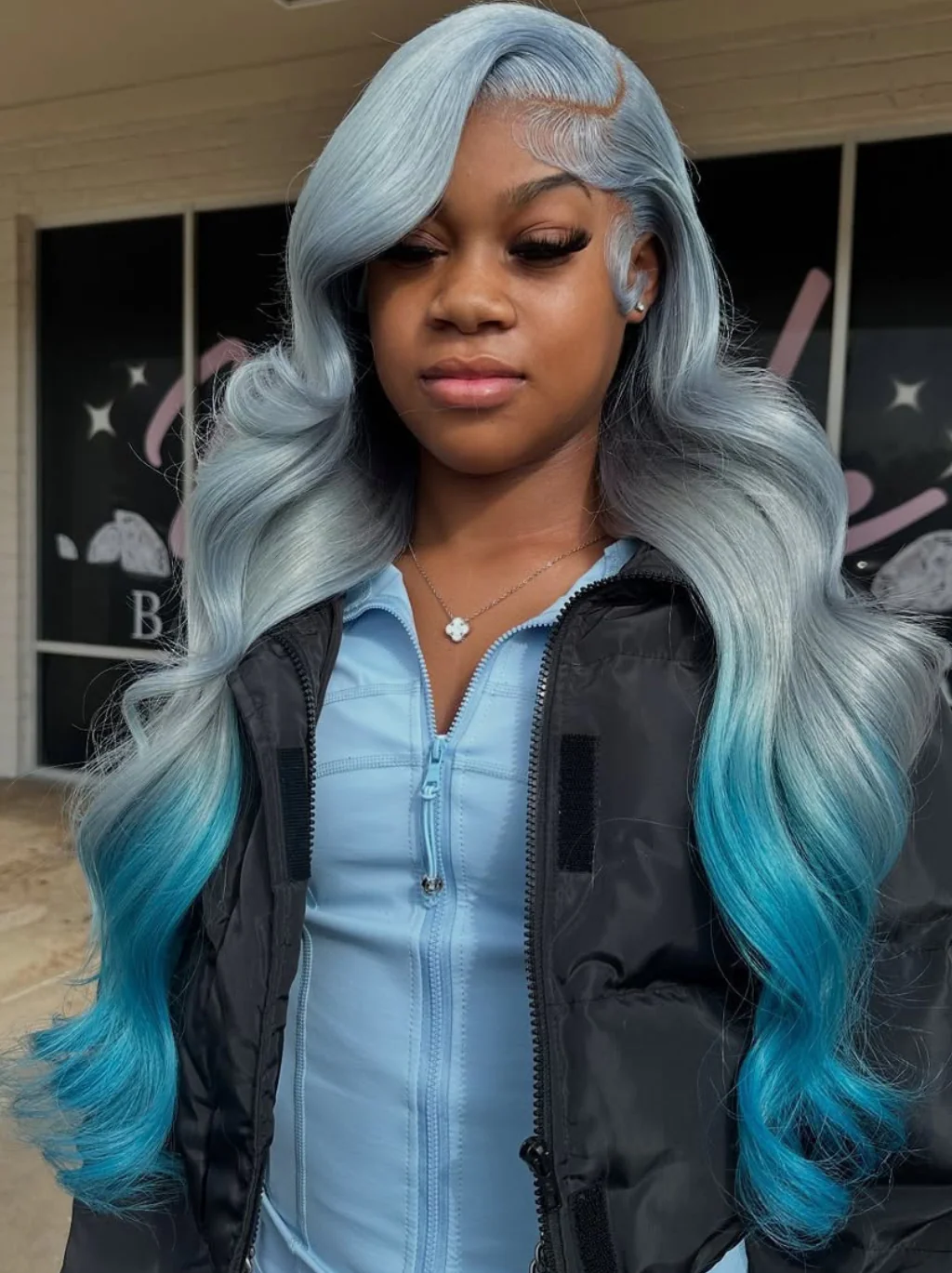 Dorsanee 200 Density Ombre Grey Blue Body Wave 13x4 Lace Front Human Hair Wigs - Image 2