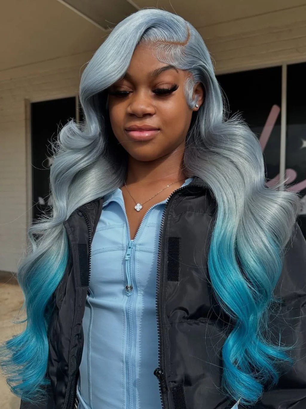 Dorsanee 200 Density Ombre Grey Blue Body Wave 13x4 Lace Front Human Hair Wigs - Image 3