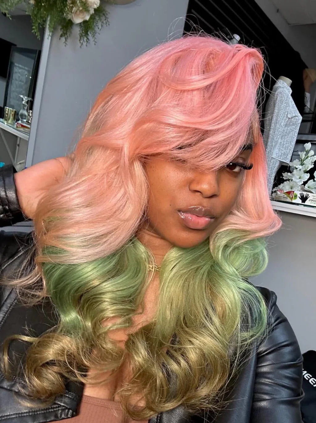 Dorsanee 200 Density Ombre Pink Green Gray Color 13x4 Lace Front Human Hair Wigs - Image 4