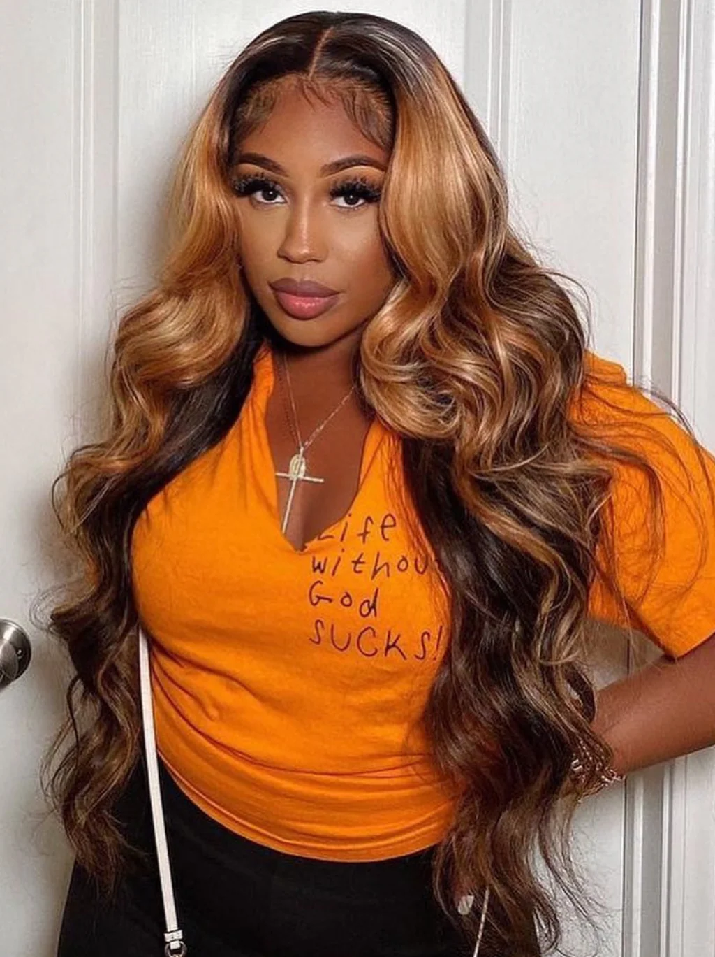 Dorsanee 250 Density Honey Blonde Brown Highlight Body Wave 13x4 Lace Front Human Hair Wigs - Image 3