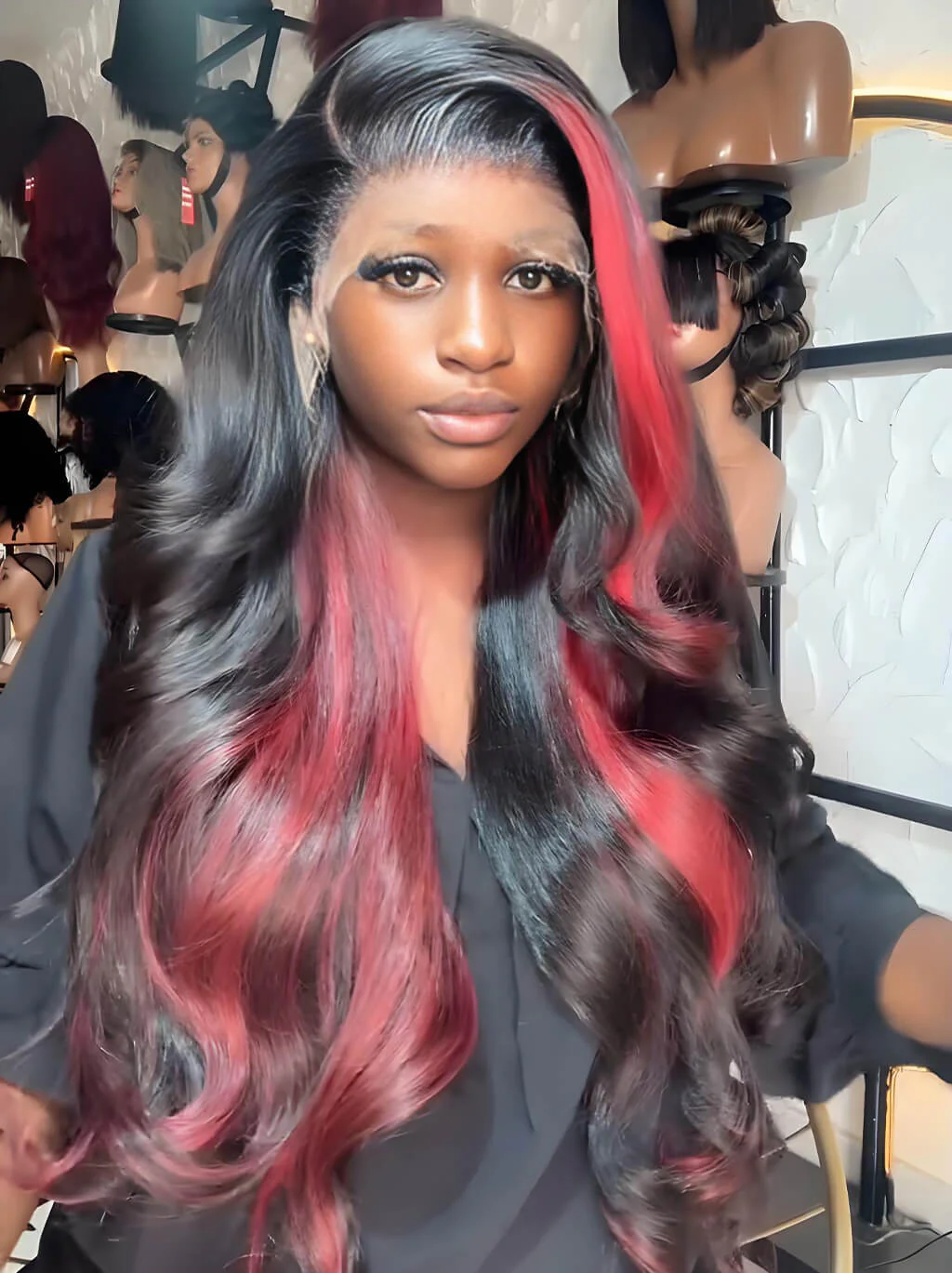 Dorsanee 30 32  inch 300 Density Black With Red Streaks Virgin Human Hair Wig - Image 3