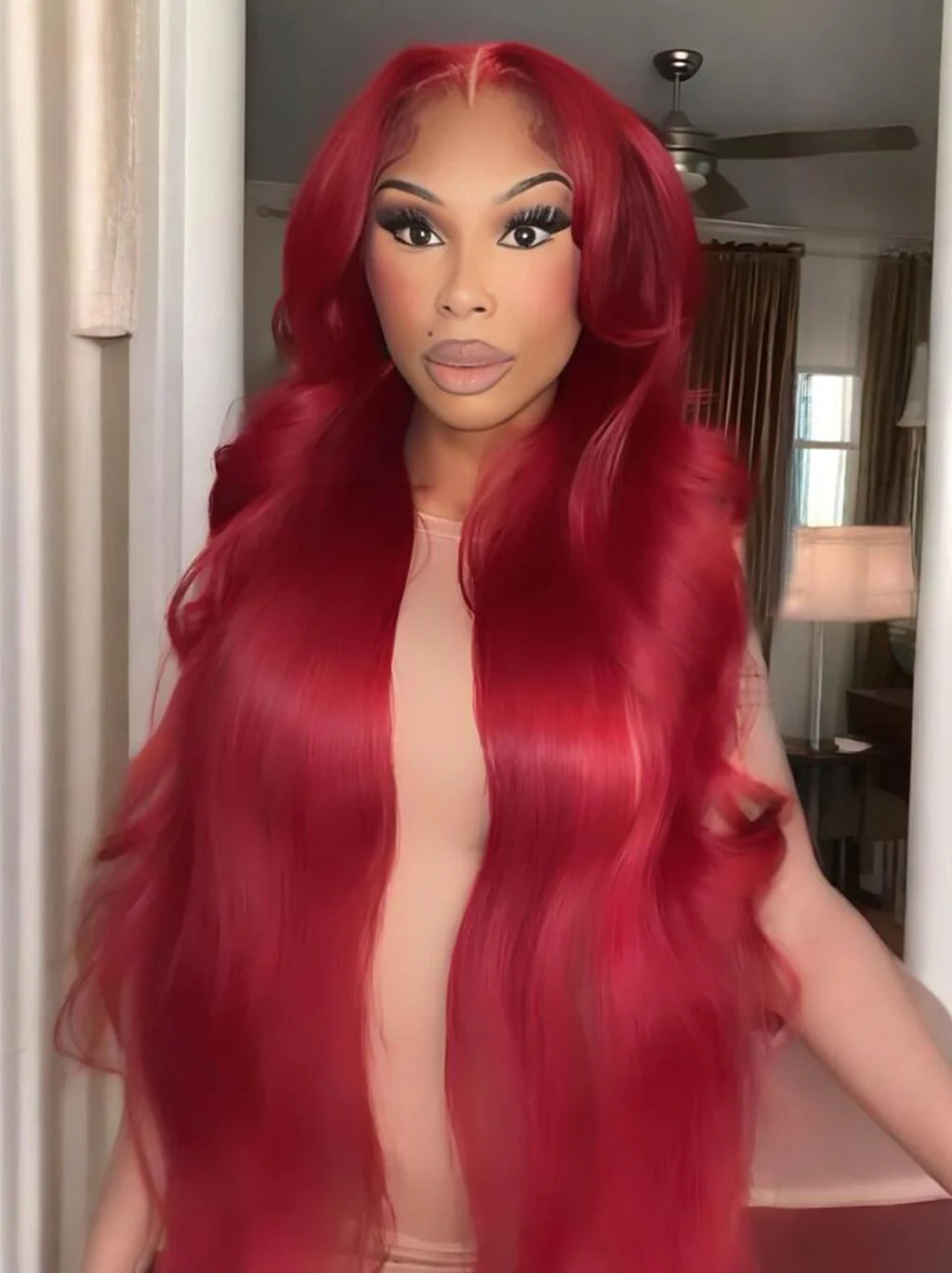 Dorsanee Vibrant Burgundy Red 42 40 38 36 34 32 30 inch Knee Length 13x4 Lace Front Human Hair Wigs - Image 4
