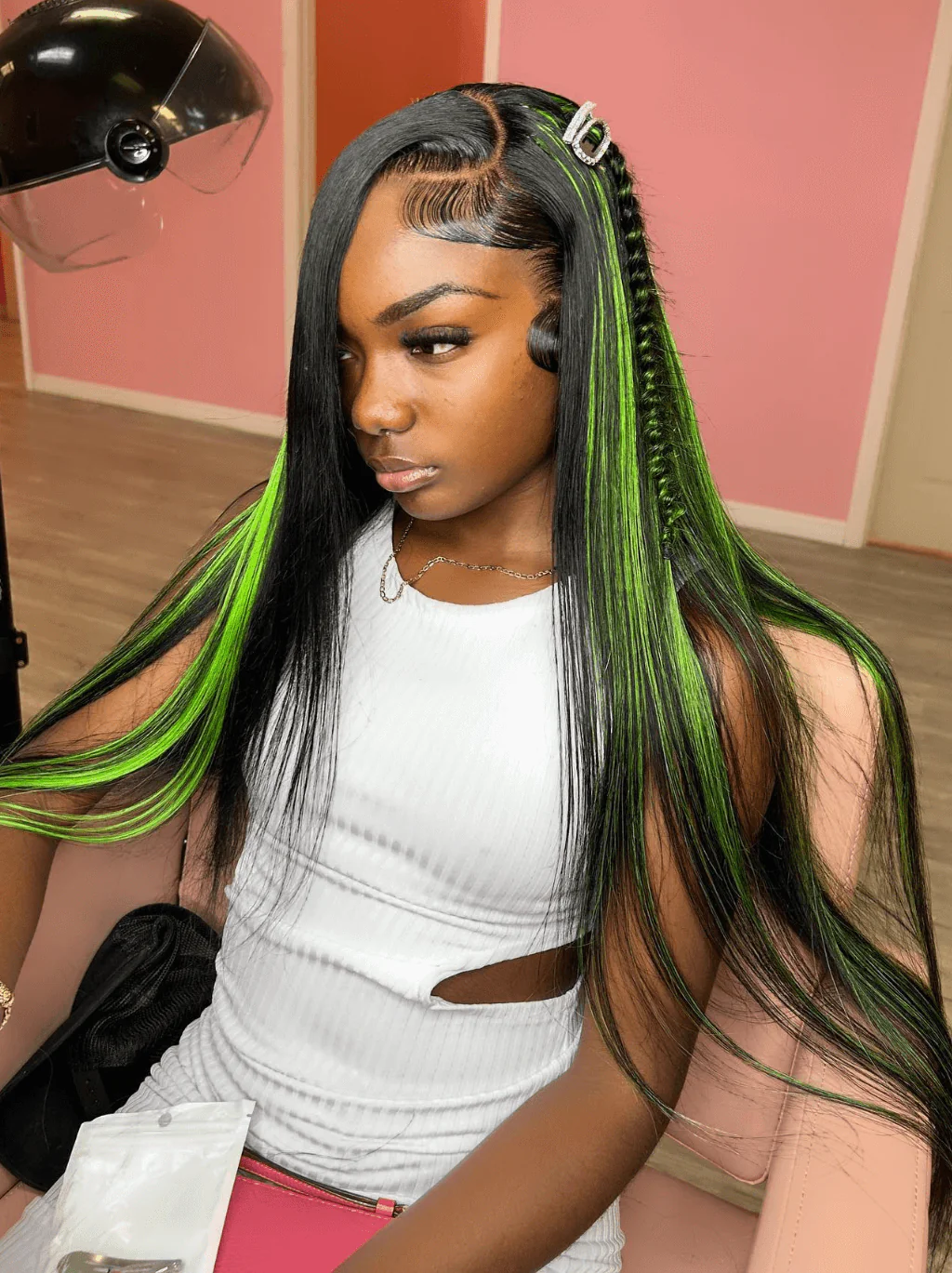 Dorsanee 30" 32" Buss Down Black With Green Highlight Straight Human Hair Wigs - Image 2