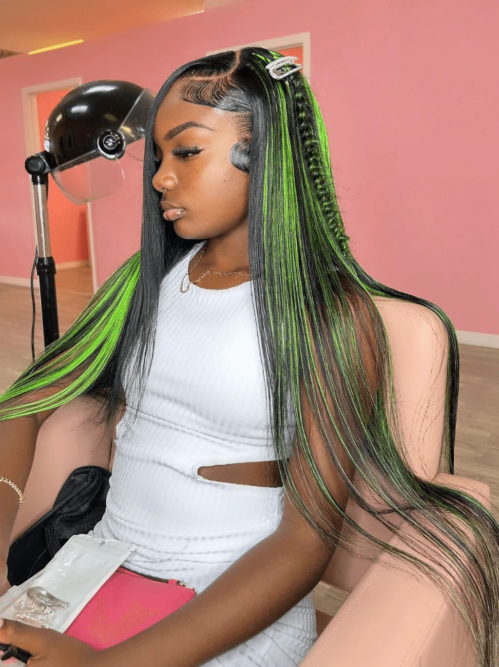 Dorsanee 30" 32" Buss Down Black With Green Highlight Straight Human Hair Wigs - Image 5