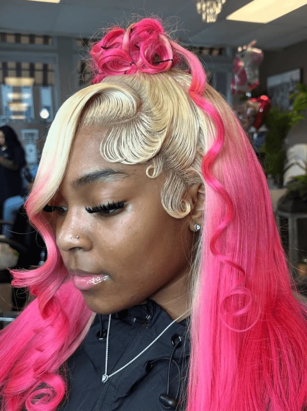 Dorsanee 30 32 inch Buss Down Ombre Blonde Hot Pink Lace Front Human Hair Wig - Image 2