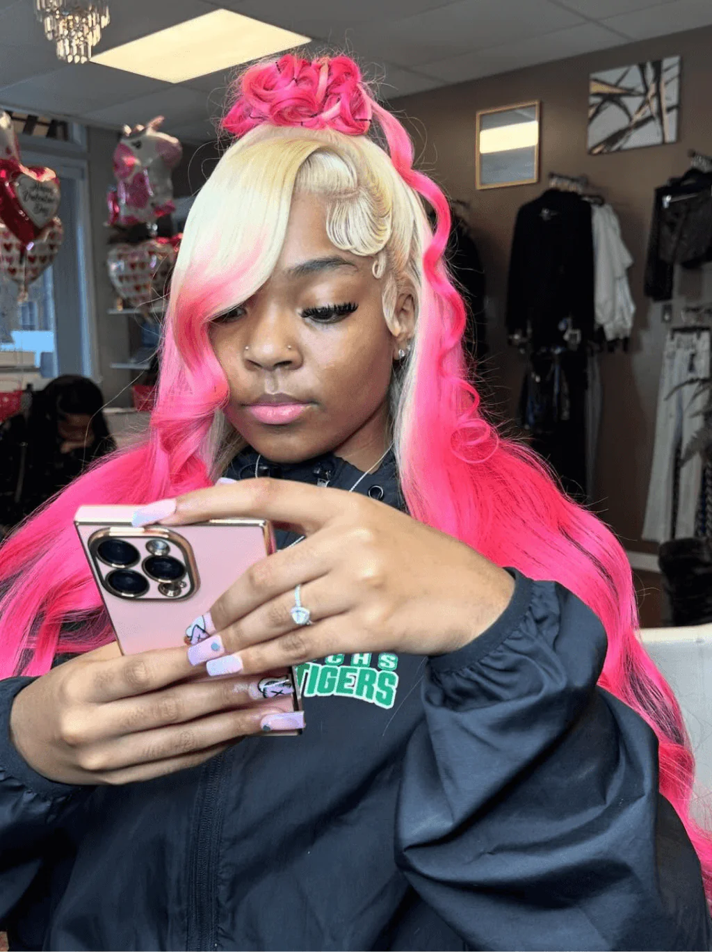 Dorsanee 30 32 inch Buss Down Ombre Blonde Hot Pink Lace Front Human Hair Wig - Image 3