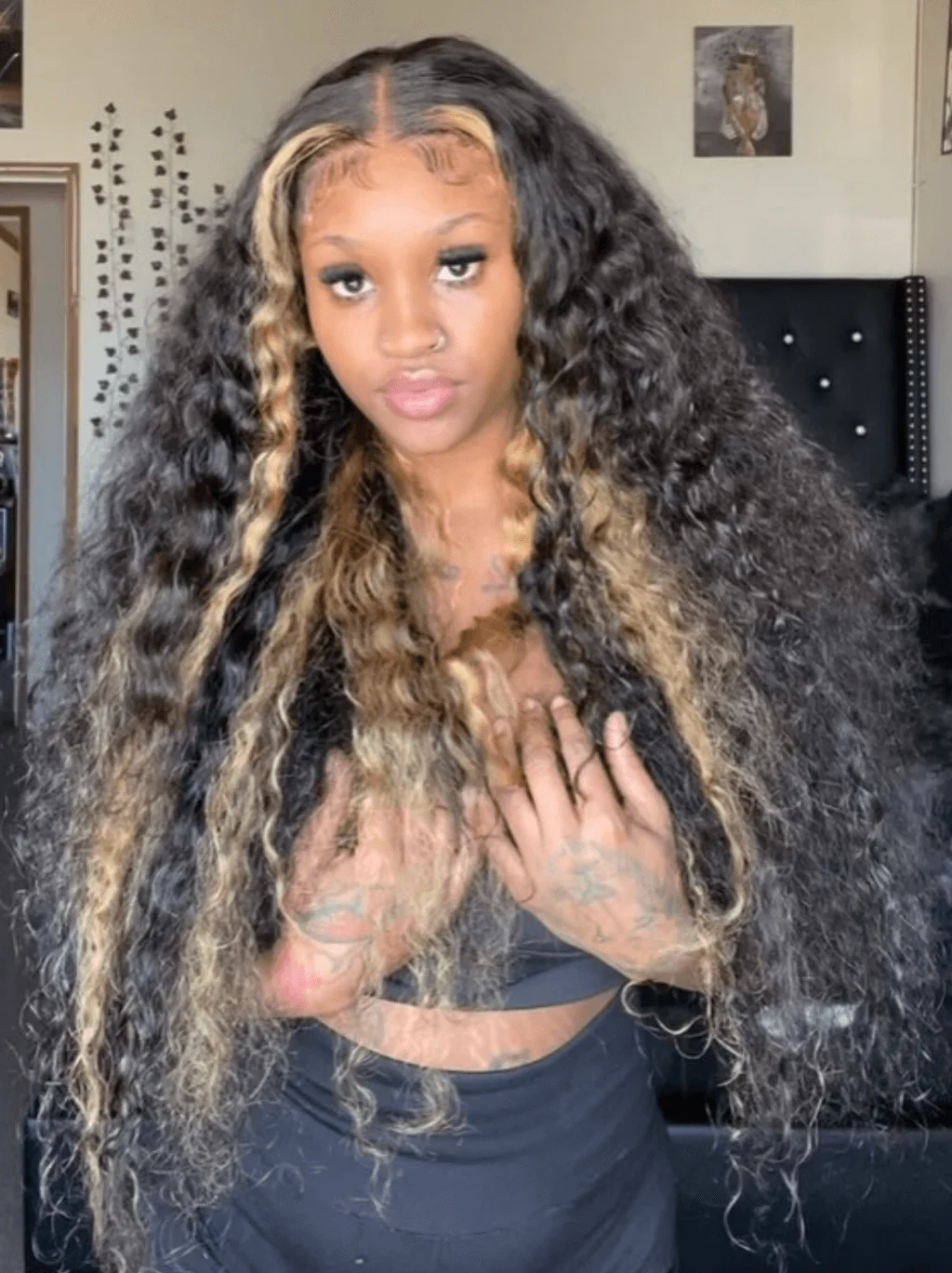 Dorsanee 300 Density Black With Brown Skunk Stripe Highlights 13x4 Lace Front Human Hair Wigs - Image 3