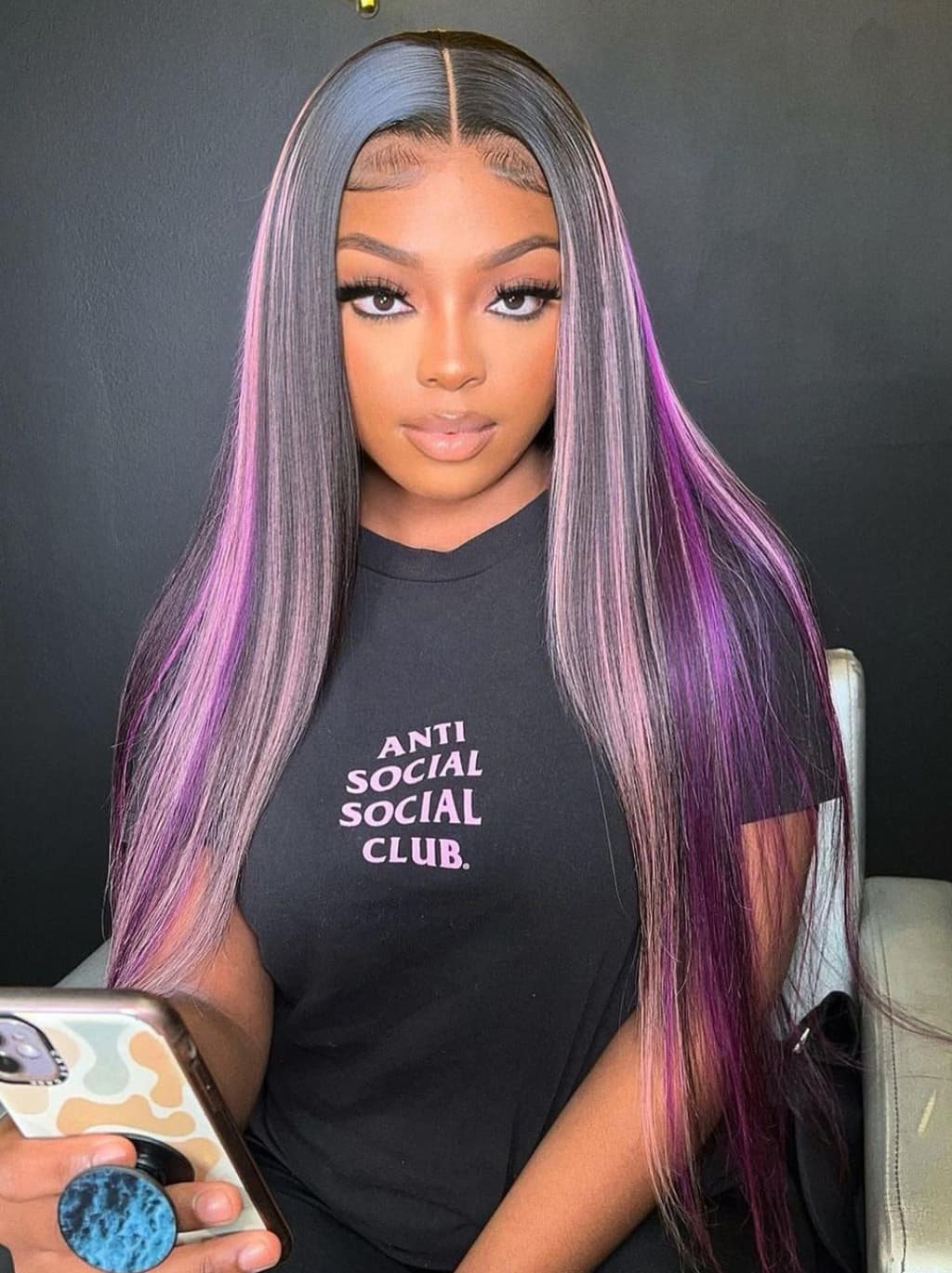 Dorsanee 32 34 inch Black With Purple Bone Straight Highlights 13x4 Lace Front Human Hair Wigs 200 Density - Image 2