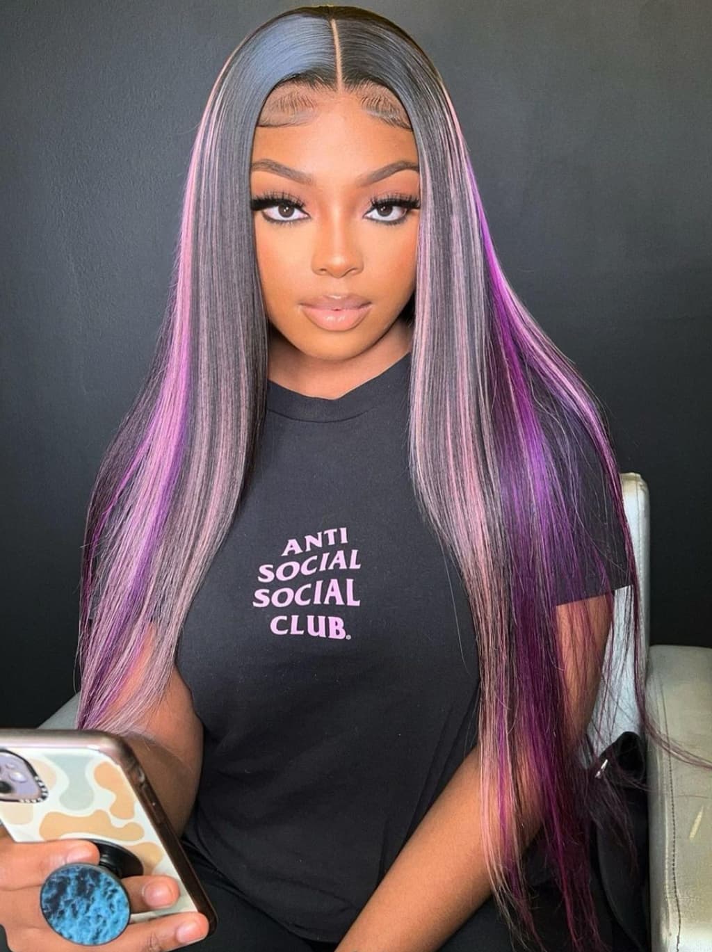 Dorsanee 32 34 inch Black With Purple Bone Straight Highlights 13x4 Lace Front Human Hair Wigs 200 Density - Image 3