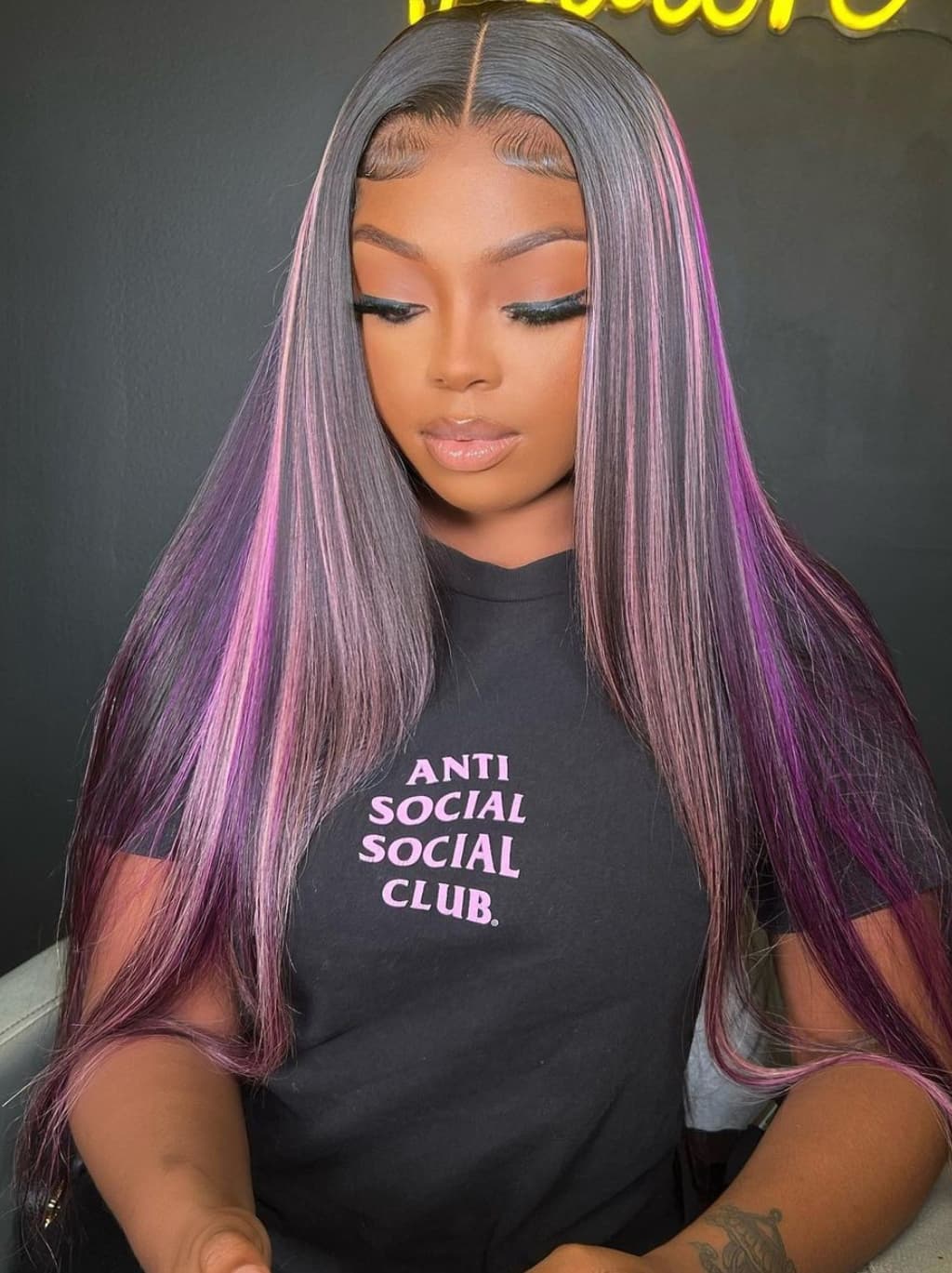 Dorsanee 32 34 inch Black With Purple Bone Straight Highlights 13x4 Lace Front Human Hair Wigs 200 Density - Image 4