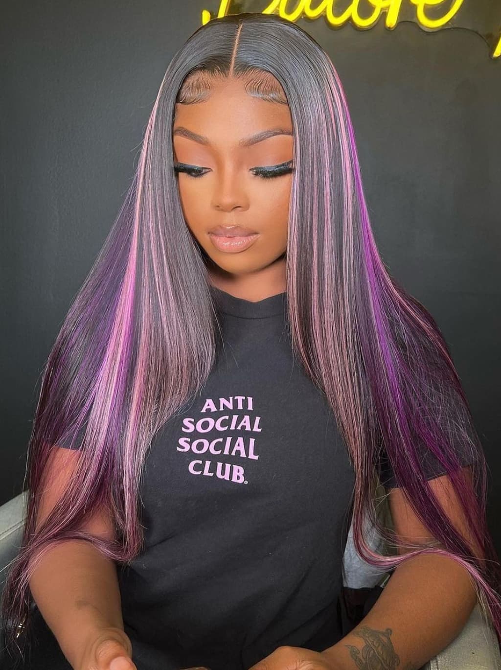 Dorsanee 32 34 inch Black With Purple Bone Straight Highlights 13x4 Lace Front Human Hair Wigs 200 Density - Image 5