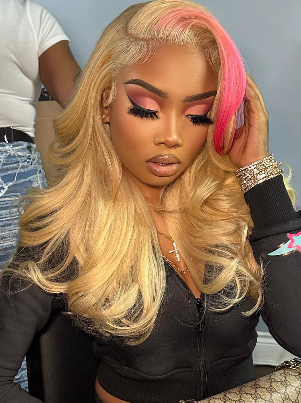 Dorsanee 613 Blonde With Rose Gold Pink Streaks 13x4 Lace Front Human Hair Wigs - Image 2
