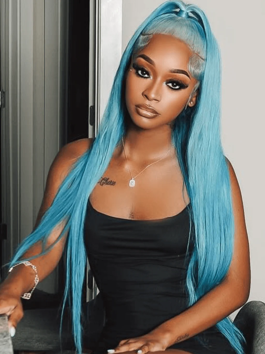Dorsanee Aqua Blue Bone Straight 13x4 Lace Front Virgin Human Hair Wig - Image 2