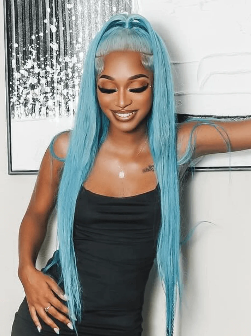 Dorsanee Aqua Blue Bone Straight 13x4 Lace Front Virgin Human Hair Wig - Image 4