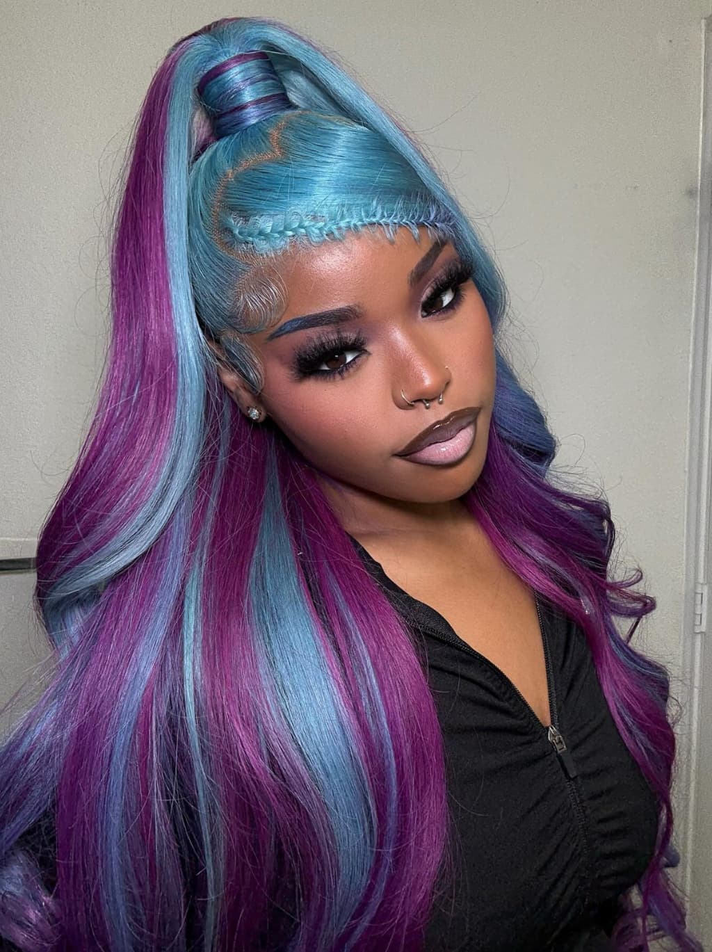 Dorsanee Aqua Blue Royal Purple Highlights 13x4 Lace Front Human Hair Wigs - Image 2