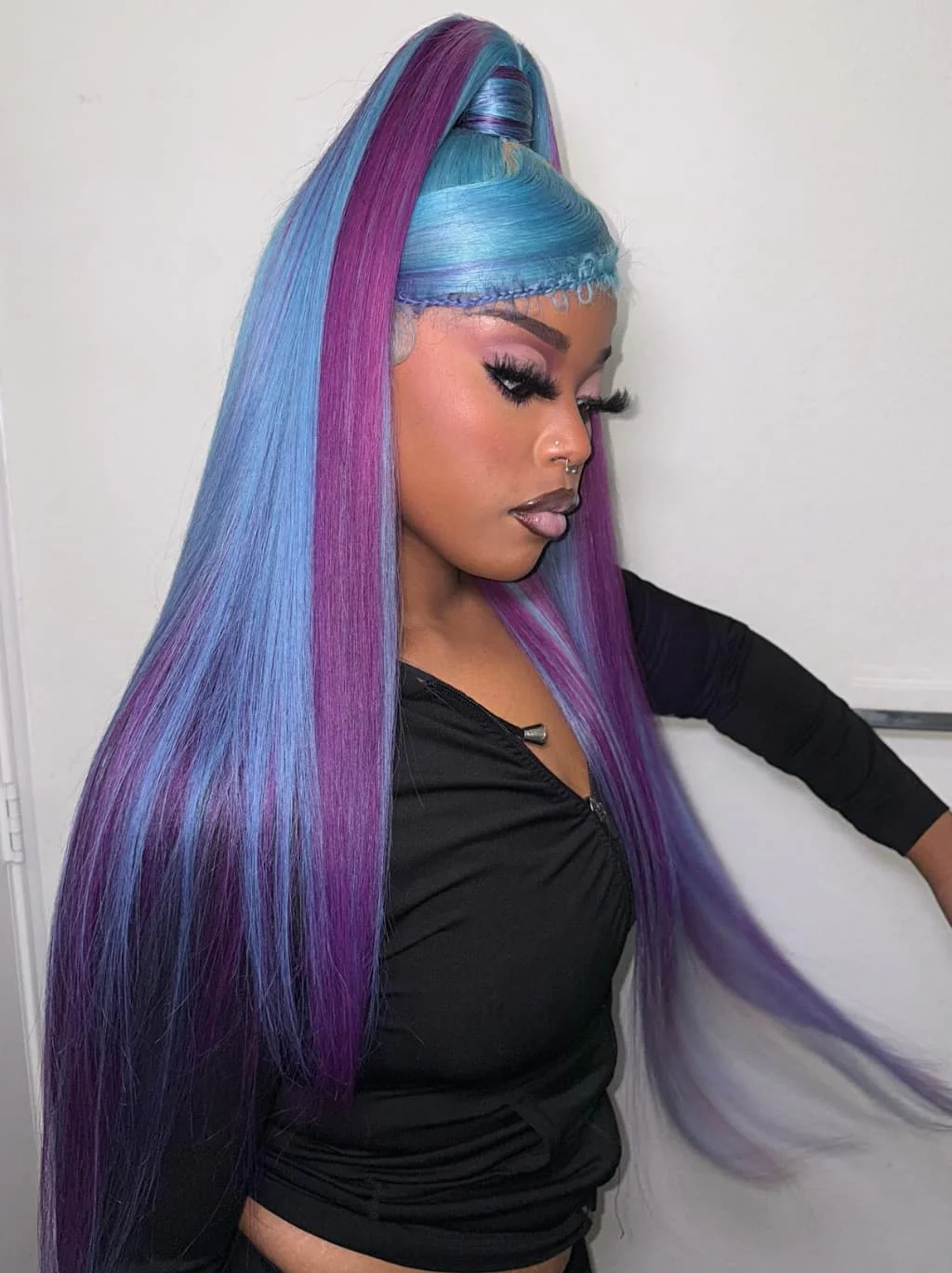 Dorsanee Aqua Blue Royal Purple Highlights 13x4 Lace Front Human Hair Wigs - Image 3
