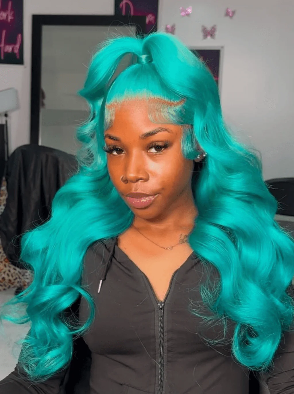 Dorsanee Aqua Cyan Blue 13X4 Transparent Lace Front Body Wave Human Hair Wigs - Image 2