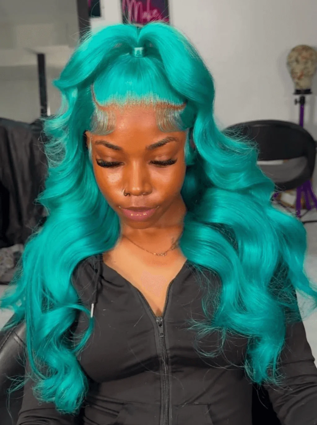 Dorsanee Aqua Cyan Blue 13X4 Transparent Lace Front Body Wave Human Hair Wigs - Image 3