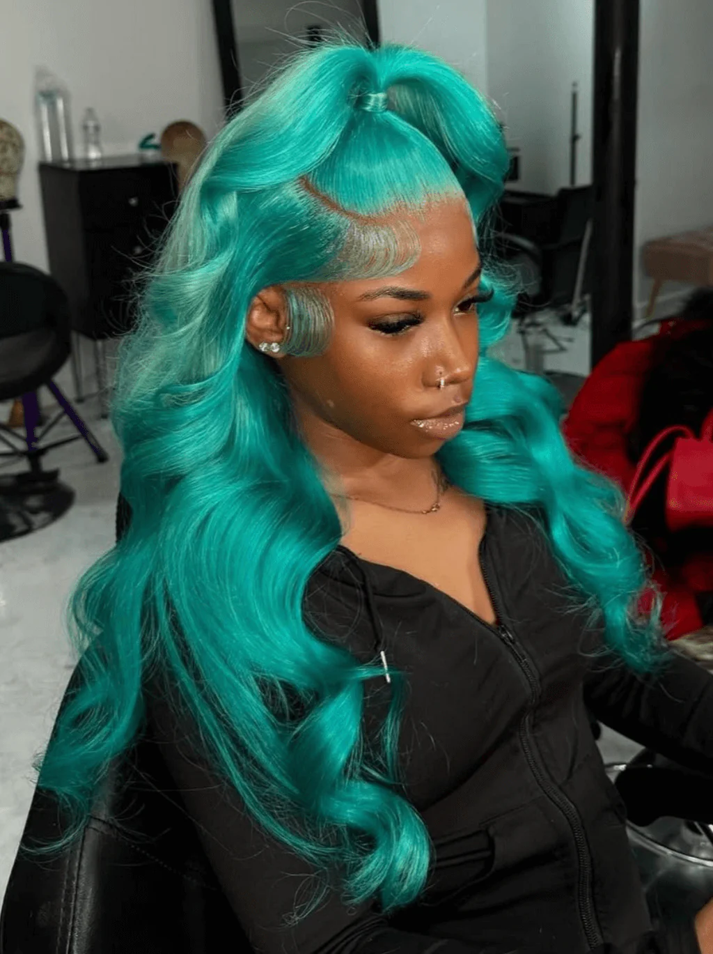 Dorsanee Aqua Cyan Blue 13X4 Transparent Lace Front Body Wave Human Hair Wigs - Image 4