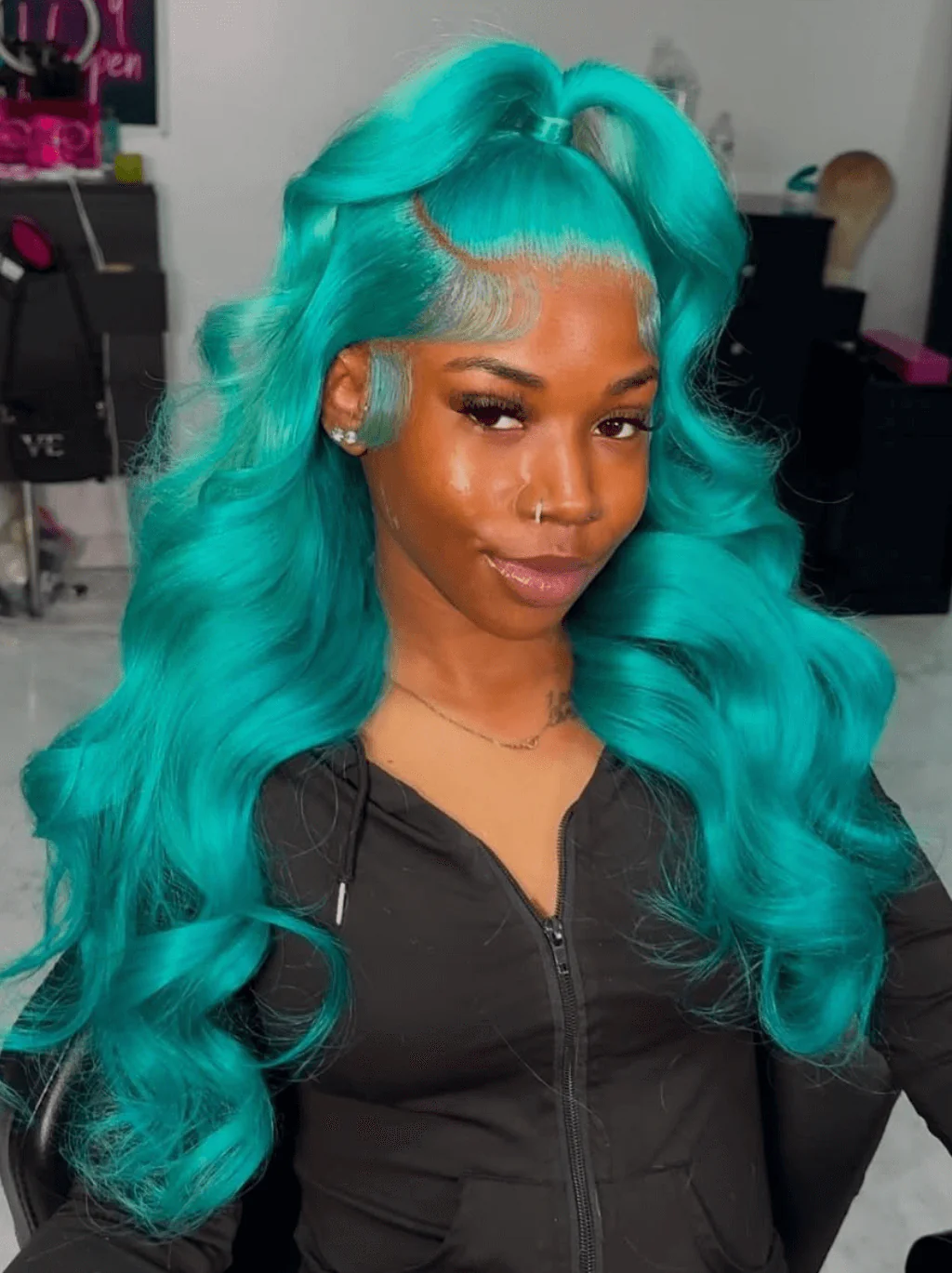 Dorsanee Aqua Cyan Blue 13X4 Transparent Lace Front Body Wave Human Hair Wigs - Image 5
