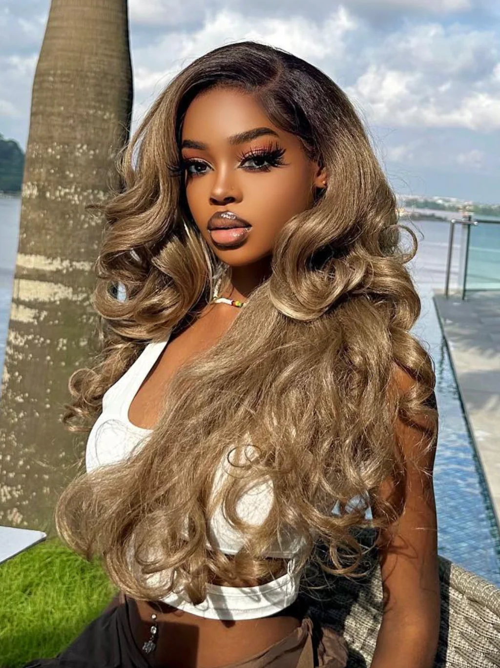 Dorsanee Ash Honey Blonde Brown Body Wave Human Hair Wigs With Black Roots - Image 5