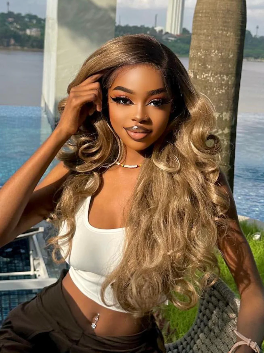 Dorsanee Ash Honey Blonde Brown Body Wave Human Hair Wigs With Black Roots - Image 6