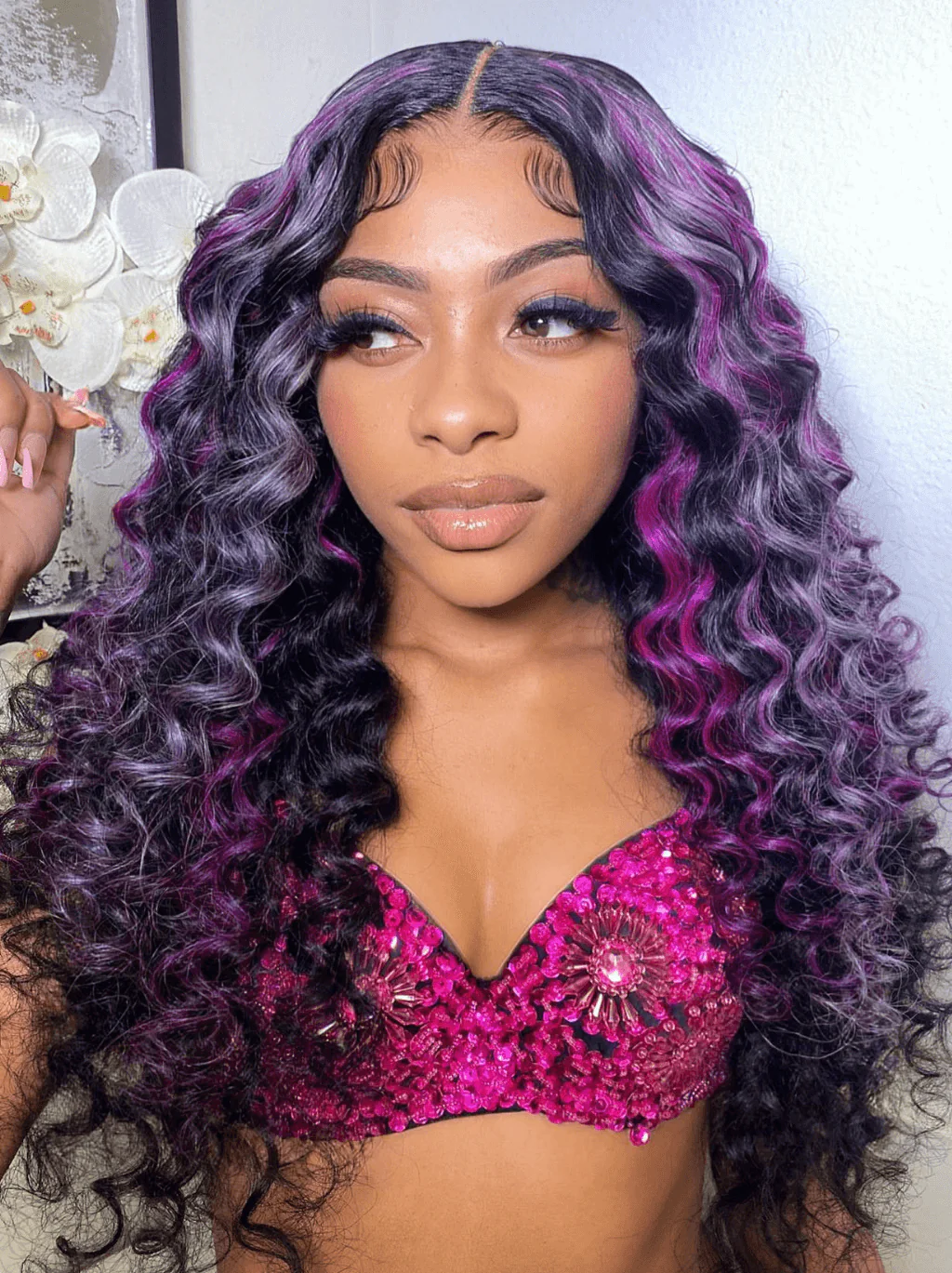 Dorsanee Balayage Purple Lavender Highlight Wand Curl Lace Front Human Hair Wig - Image 3
