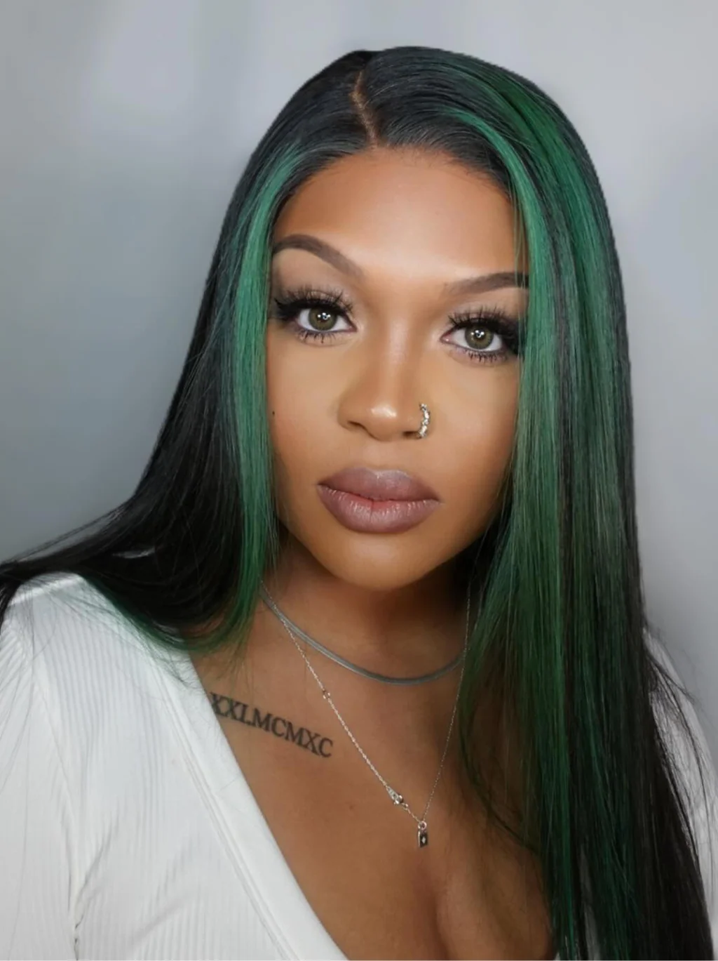 Dorsanee Black and Green Highlight Streaks 13x4 HD Lace Front Straight Human Hair Weave Wigs - Image 5