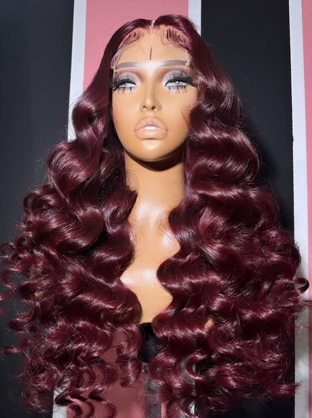 Dorsanee Black Burgundy Red Voluminous Bouncy Loose Curls 300 Density 13x4 Lace Front Human Hair Wig - Image 5