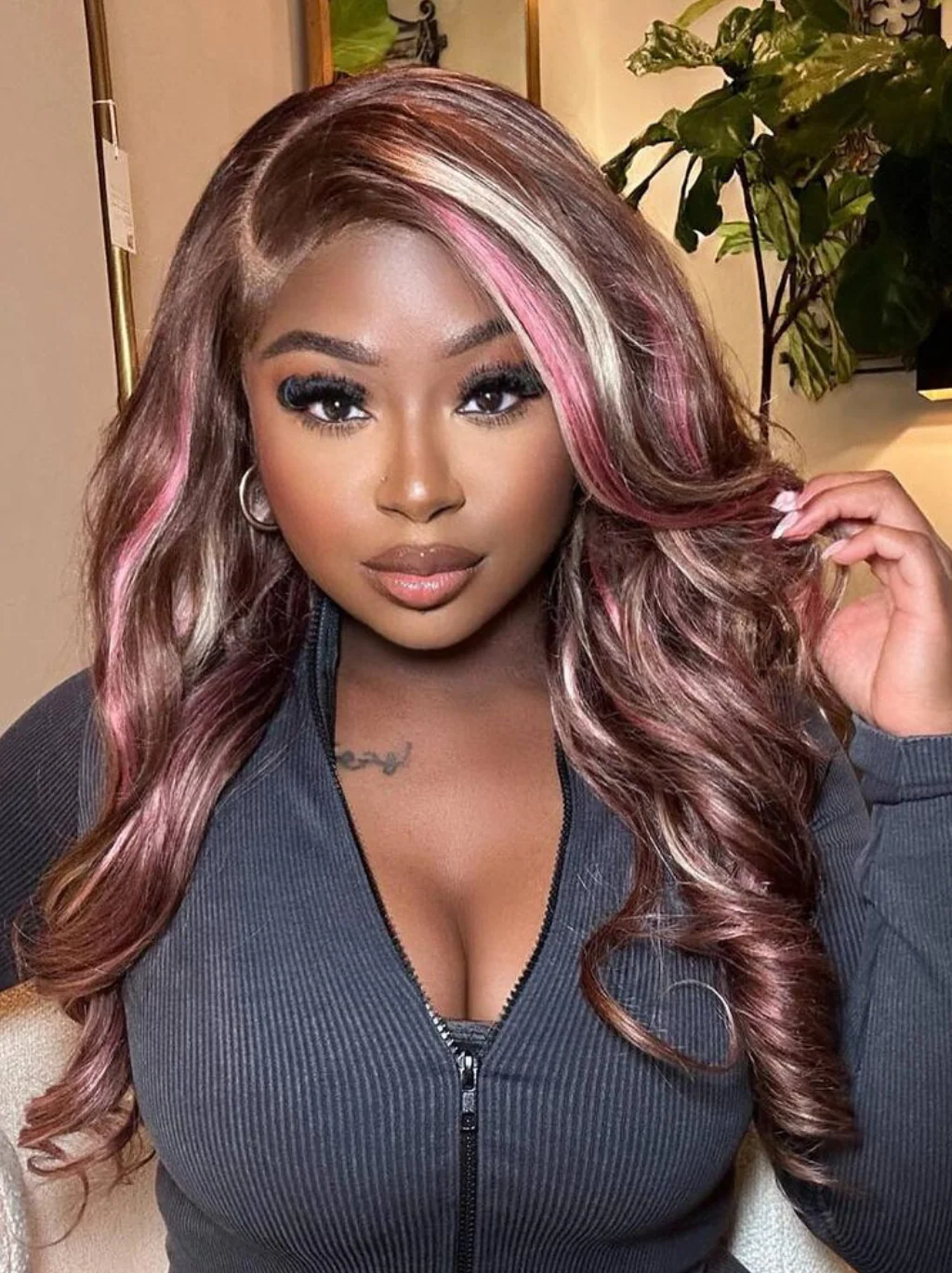 Dorsanee 9x6 M-cap Pink Blonde Brown Highlight Streaks Body Wave Human Hair Wig - Image 3