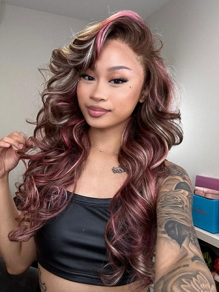 Dorsanee 9x6 M-cap Pink Blonde Brown Highlight Streaks Body Wave Human Hair Wig - Image 5
