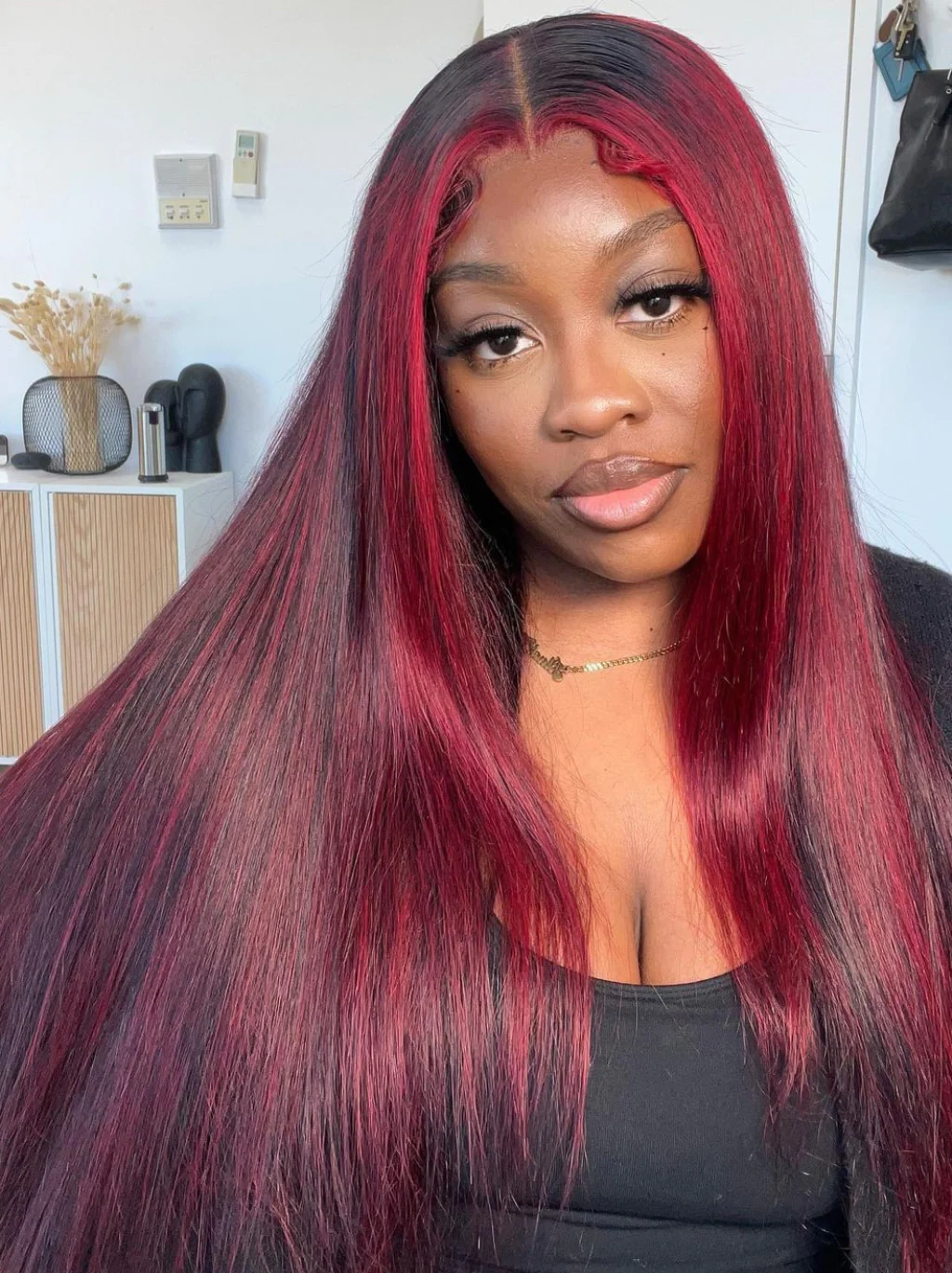 Dorsanee Black Wig with Burgundy Highlights 13x4 Lace Front Straight Human Hair Weave Wigs - Image 2