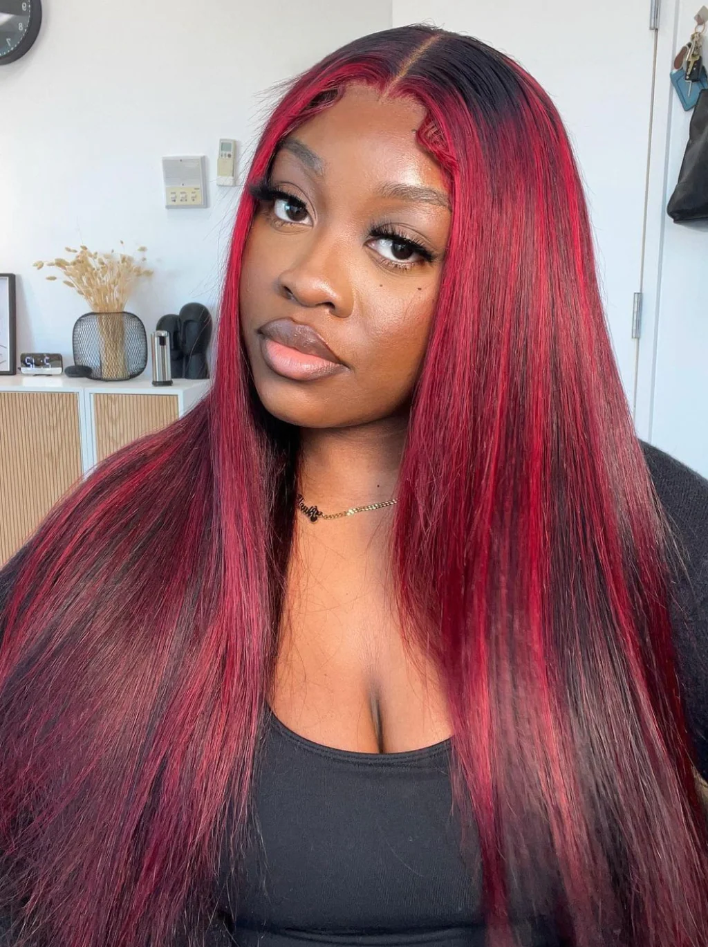 Dorsanee Black Wig with Burgundy Highlights 13x4 Lace Front Straight Human Hair Weave Wigs - Image 3
