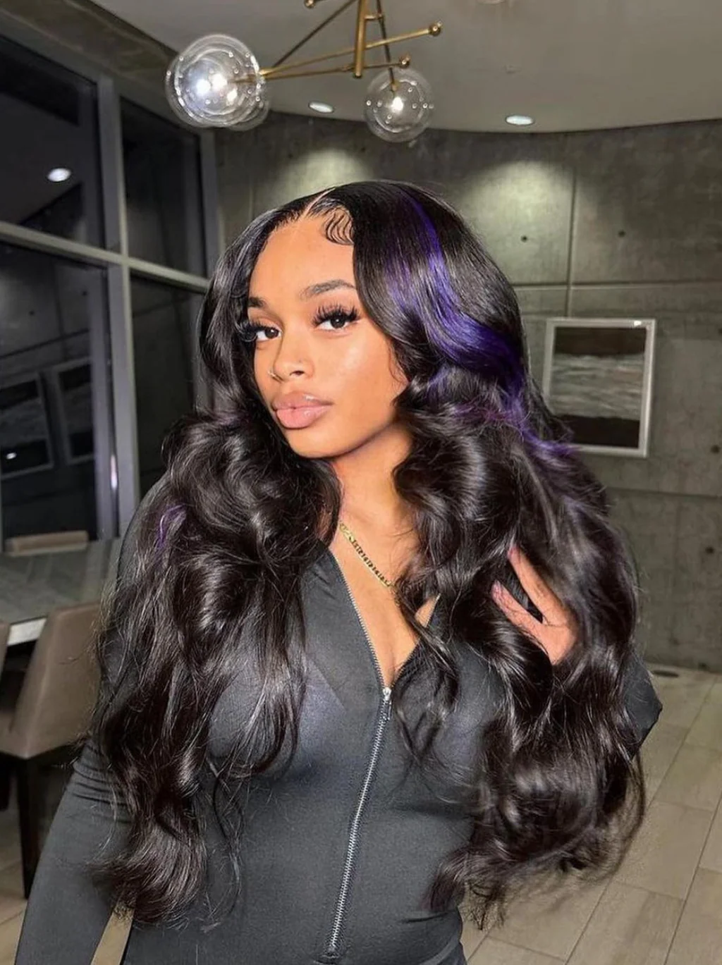 Dorsanee Black Wig With Lavender Purple Streaks 200 Density 13x4 Lace Front Body Wave Human Hair Wigs - Image 4