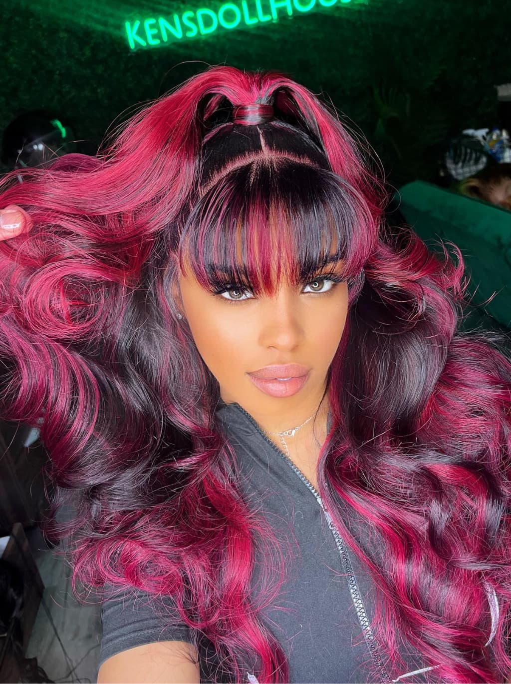 Dorsanee Black With 99J Red Highlights 13x4 Lace Front Human Hair Wig With Bangs - Image 2