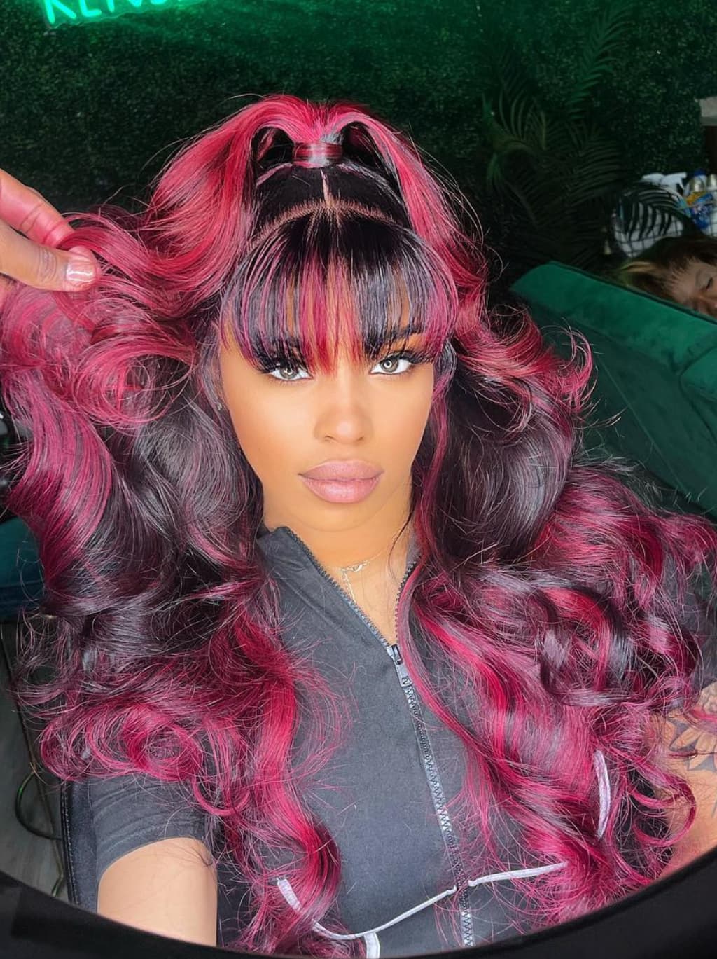 Dorsanee Black With 99J Red Highlights 13x4 Lace Front Human Hair Wig With Bangs - Image 3