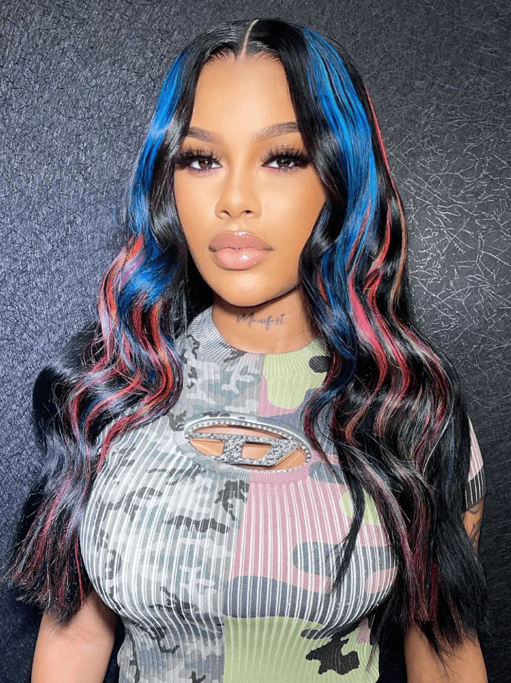 Dorsanee Black With Blue Copper Red Highlight Streaks Lace Front Human Hair Wig - Image 2