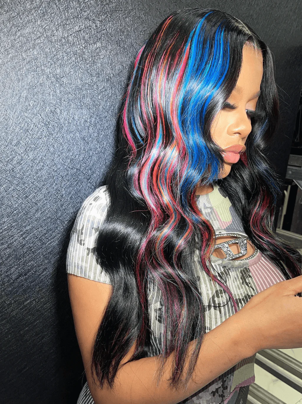 Dorsanee Black With Blue Copper Red Highlight Streaks Lace Front Human Hair Wig - Image 3